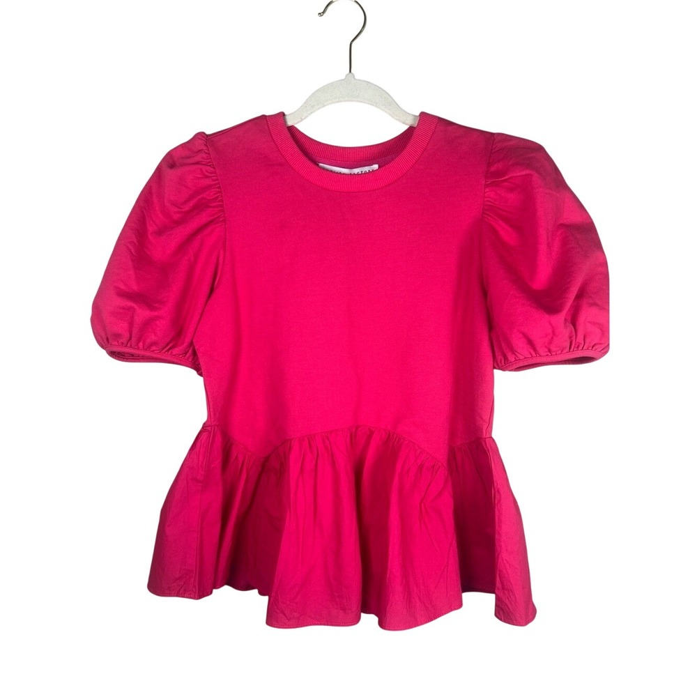 English Factory Mixed‎ Media Puff Sleeve Peplum Top Pink XS NWT Crewneck Blouse